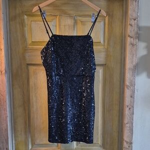 Crystal Sky Sequin Black Mini Dress Ajustable Straps Back Zip Size Large